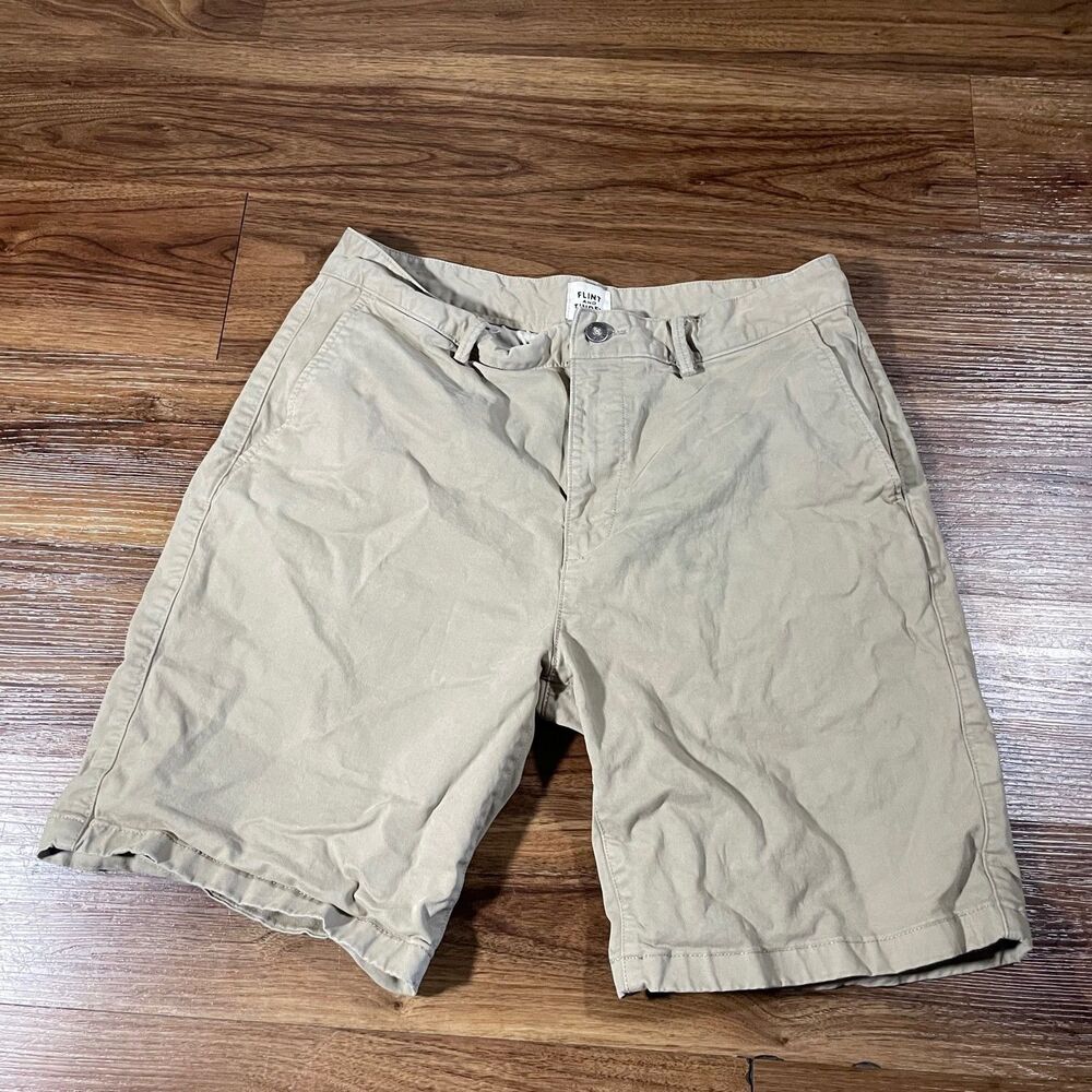 FLINT AND TINDER 365 Shorts Flat Front Chino 9" Bermuda Length Khaki Tan Size 33